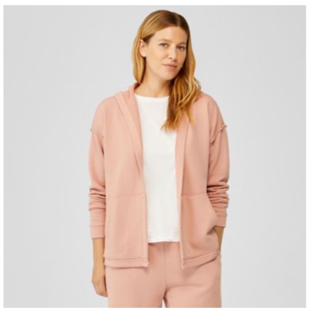 Eileen Fisher Organic Cotton French Terry Hoodie Jacket Pink XXS Dark Powder